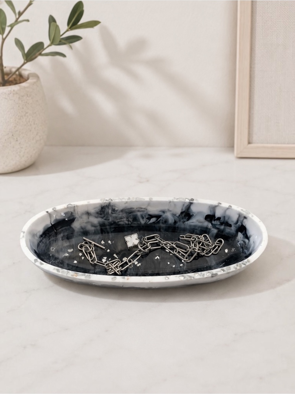 Black Marbled Oval Ceramic Soap Dish - Home Bath Vanity Tray